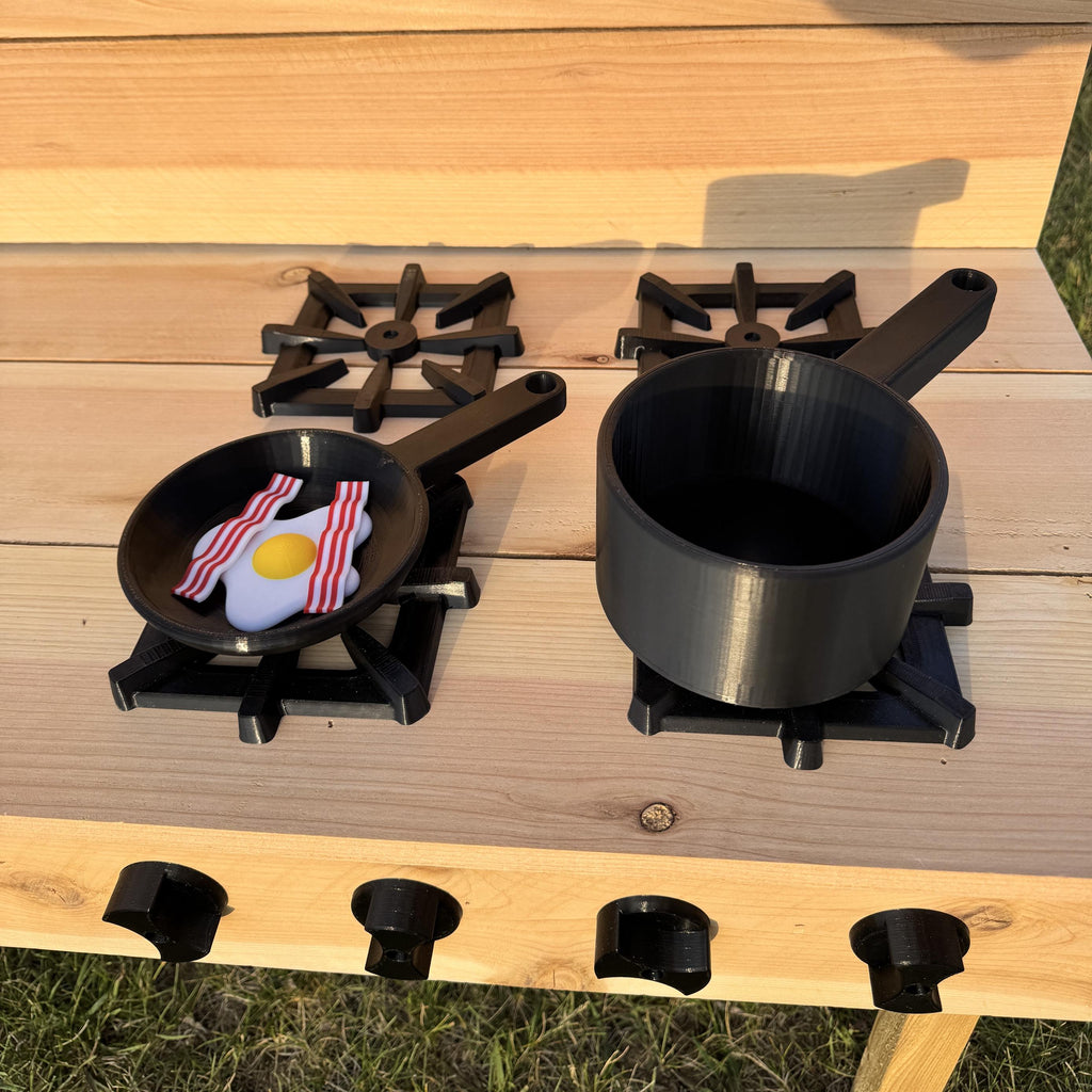 Mud Kitchen Grill Frying Pan, Pot and Hooks, Kids Pretend Play, Montessori Outdoor Play Accessories
